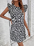 Kadın Kısa Kollu Kolları Fırfır Detay Arkası Bağlamalı Leopar Desen Kolsuz Mini Mikro Elbise