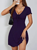 Kadın Kısa Kollu Derin Büzgülü V Yakalı Viskon Elbise
