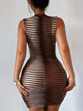 Kadın Sıfır Kol Desenli Mini Bodycon Dalgıç Elbise