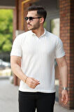 Erkek Yakalı çizgi Desenli Kısa Kollu Tişört