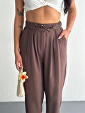 Yüksel Bel Rahat Paça Pantalon - Kahverengi