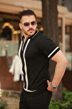 Erkek Fermuar Yakalı şerit Detaylı Kısa Kollu Tişört