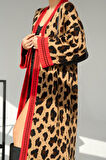 Uzun Leopar Hırka - Camel-Kırmızı