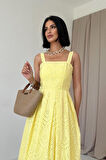 Sarı Askılı Aparatlı Brode Elbise