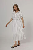 Beli Lastikli Elbise - Beyaz