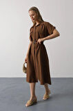 Kuşaklı Cep Detaylı Yarım Kol Elbise - Kahve