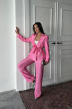 Pembe Beli Kuşaklı Ceket Ve Pantolon Parlak Takım