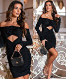 Kadın Madonna Yaka Gül Detay Fırsat ürün Göbek Dekolteli Mini Elbise