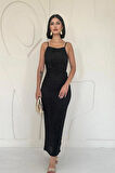 Siyah Piliseli Halter Boyun Elbise