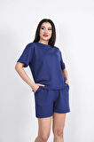 Osy Modal Yumuşak Dokulu Kumaş Bisiklet Yaka T-shirt Kısa Şort İkili Takım - Mavi