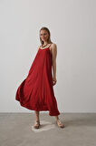 Askılı Uzun Çan Elbise - Bordo