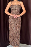 Leopar Sırt Detaylı Leopar Desenli Saten Elbise