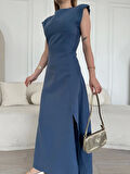 Keten Yandan Yırtmaçlı  Uzun Sıfır Kolsuz Elbise - Mavi