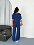 Osy Modal Yumuşak Dokulu Kumaş Bisiklet Yaka T-shirt Bol Paça Pantalon Ikili Takım -Saks Mavi