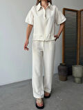 Keten Tam Fermuarlı Kısa Kollu Gömlek Pantolon Ikili Takım - Beyaz