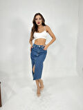 6478 DENİM MIDI SLIT SKIRT-MAVİ