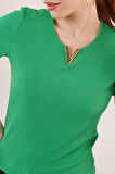 Kısa Kollu Yaka Detaylı Kaşkorse Yeşil Bluz