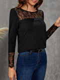Kadın Uzun Kollu Bisiklet Yaka Dantel Detaylı Burgu Bluz