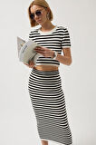 Çizgili Midi Dokulu Etek