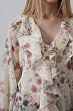 Volanlı Çiçek Desen Şifon Gömlek - Krem