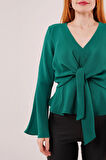 Ön Bağlamalı Volan Kol Yeşil Bluz