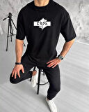 Unisex Bisiklet Yaka Baskılı Double Oversize T-Shirt - Siyah
