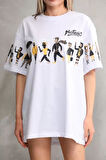 Unisex Bisiklet Yaka Baskılı Oversize T-Shirt - Beyaz
