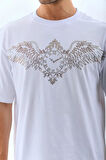 Unisex Oversize Taşlı Bisiklet Yaka T-Shirt - Beyaz