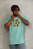 Unisex Oversize Baskılı Bisiklet Yaka T-Shirt - Mint Yeşili