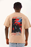 Unisex Oversize Baskılı Bisiklet Yaka T-Shirt - Bej