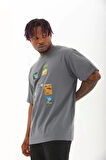 Unisex Oversize Baskılı Bisiklet Yaka T-Shirt - Füme