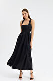 Love Serisi Maxi Boy %100 Keten Elbise Siyah