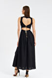 Love Serisi Maxi Boy %100 Keten Elbise Siyah