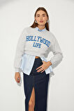 Hollywood Life Sloganlı Crop Sweatshirt Gri