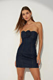 Nok Bloom Serisi Denim Mini Elbise Mavi