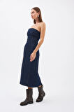 Denim Serisi Straplez Maxi Boy Elbise Koyu Mavi