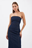Denim Serisi Straplez Maxi Boy Elbise Koyu Mavi
