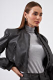Nok Be Cool Serisi Eva Suni Deri Bomber Ceket Siyah