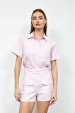 Floral Striped 100% Koton Çiçek Desenli Şort Pembe
