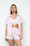 Floral Striped 100% Koton Çiçek Desenli Kısa Kollu Gömlek Pembe