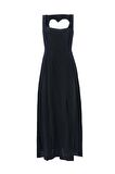 %100 Linen Love Shaped Maxi Dress Siyah