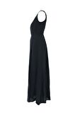 %100 Linen Love Shaped Maxi Dress Siyah