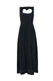 %100 Linen Love Shaped Maxi Dress Siyah