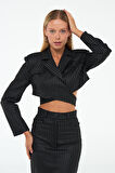City Glam Bel Detaylı Sim Çizgili Crop SİYAH-GÜMÜŞ