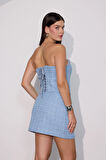 Tweed Royale Corset Sim Detaylı Korse Büstiyer Mavi
