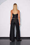 Western Chic Aksesuar Detaylı Geniş Paça Denim Pantolon BLACK