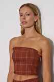 Super Crystal Plaid Ekoseli Crop Büstiyer Camel