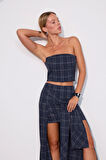 Super Crystal Plaid Ekoseli Crop Büstiyer İNDİGO