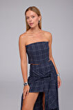 Super Crystal Plaid Ekoseli Crop Büstiyer İNDİGO