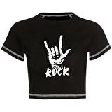 Rock Baskılı Ters Dikiş Siyah Crop